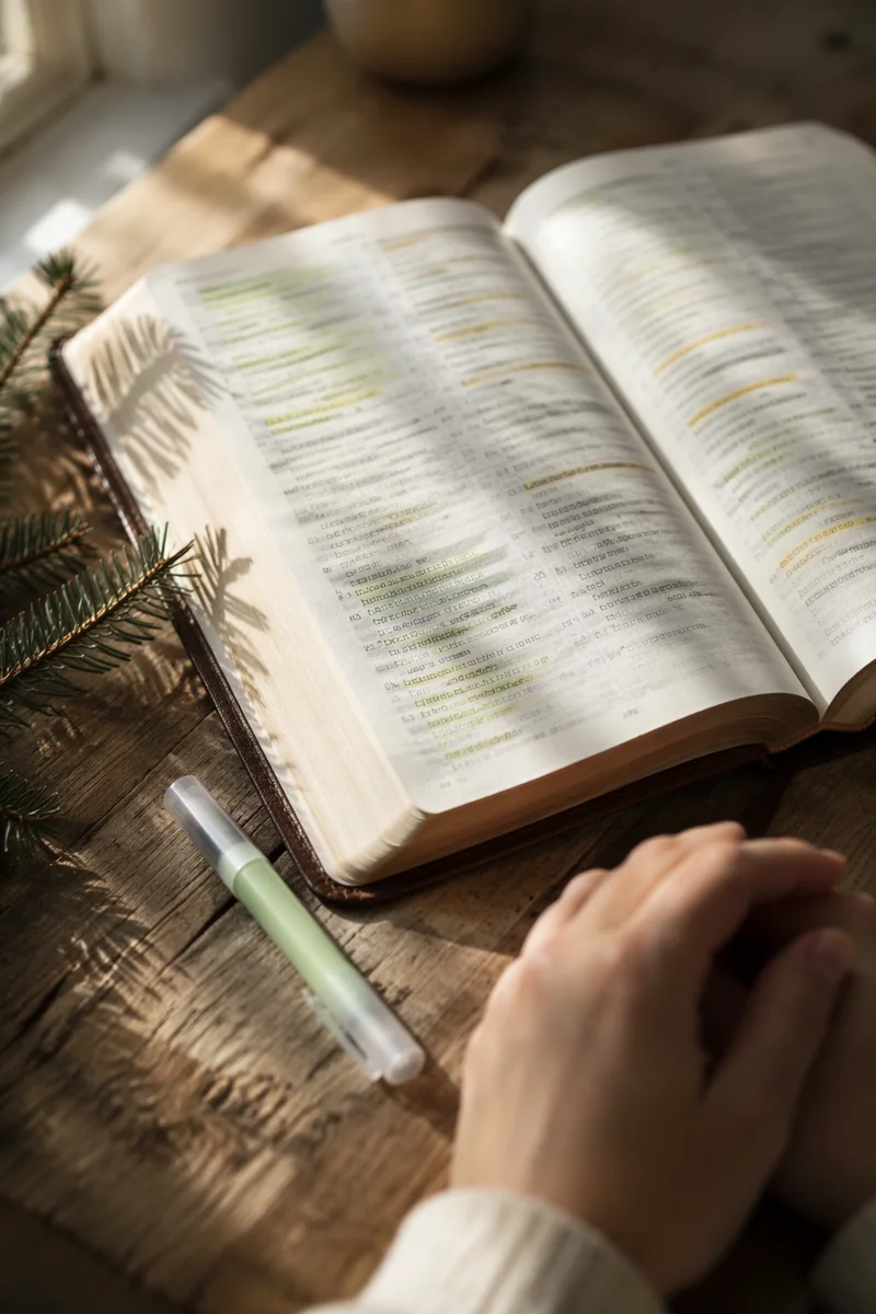 Highlighted Bible Study with Evergreen Sprig