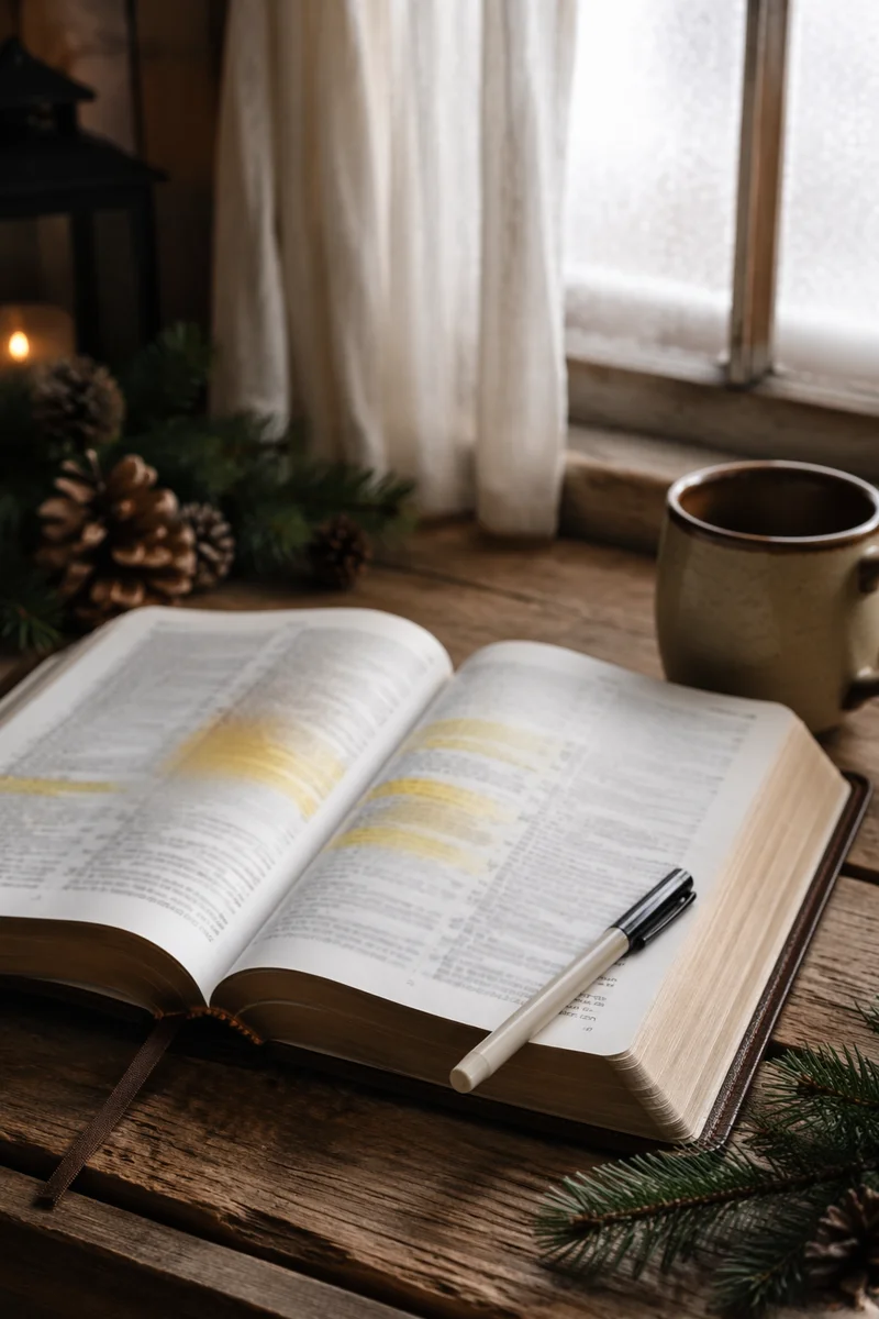 Open Bible with Marker and Evergreens