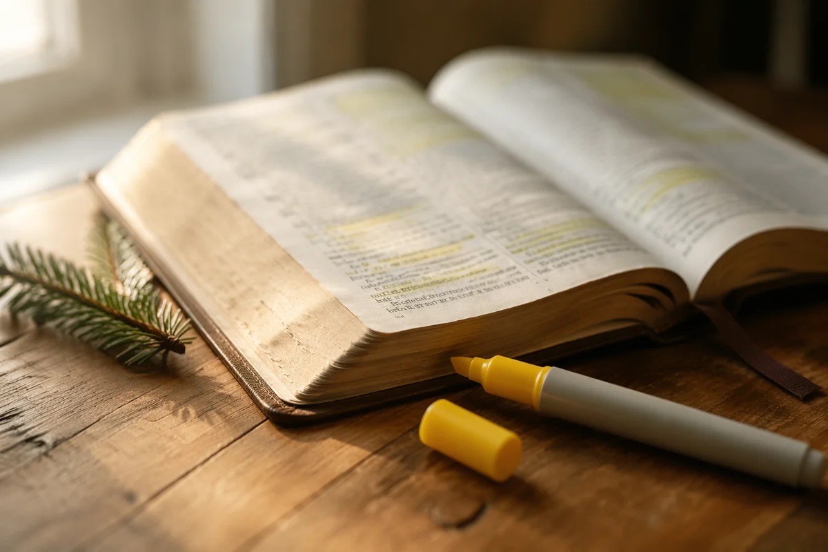 Highlighted Bible Study With Evergreen Sprig