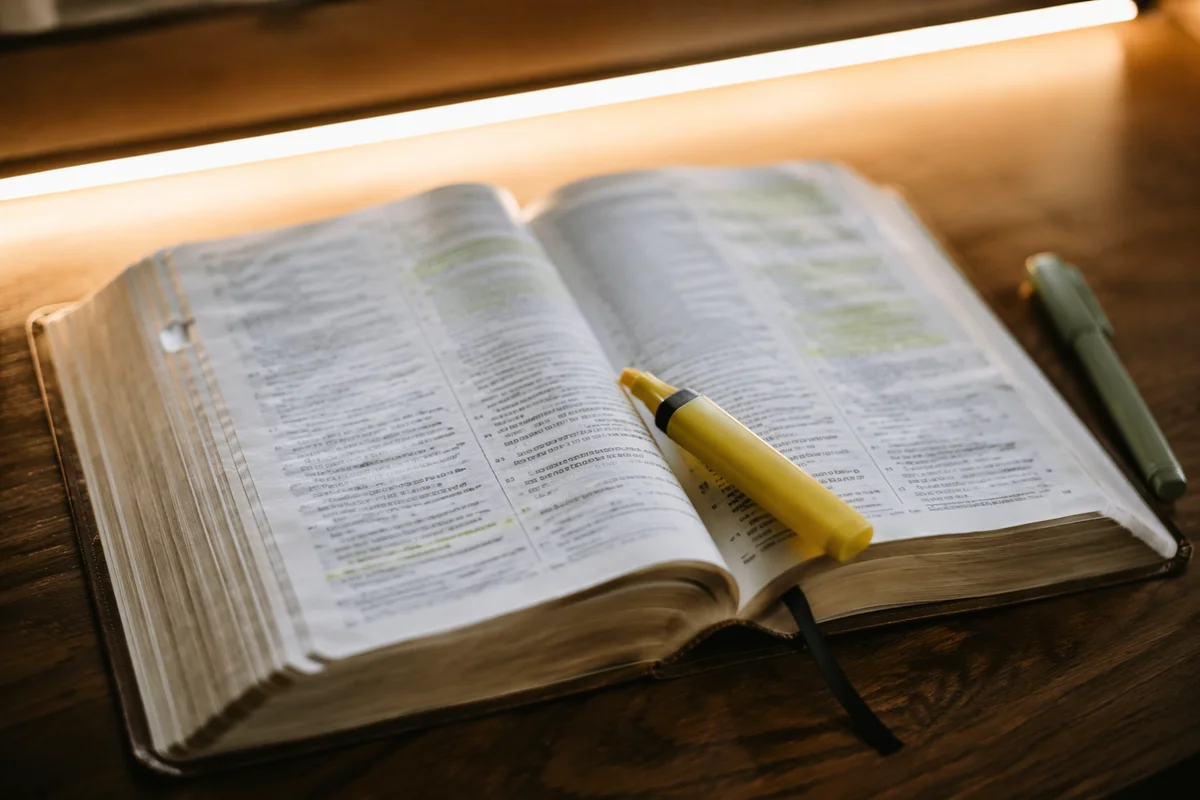Highlighted Bible Passages on Wooden Desk