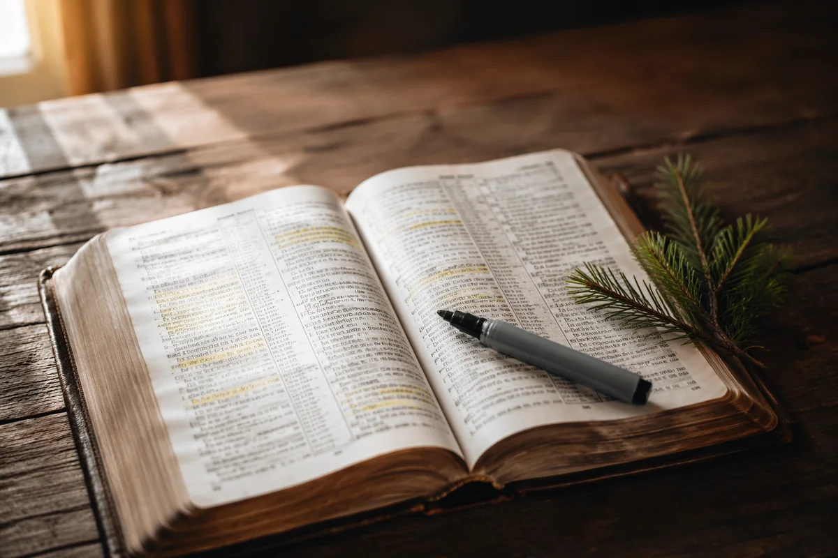 Highlighted Bible Study with Evergreen Sprig