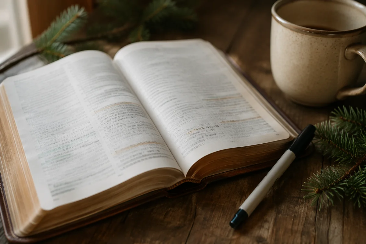 Highlighted Bible Study With Evergreen Sprigs
