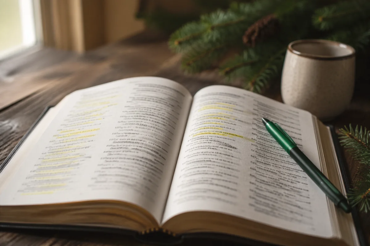 Highlighted Bible with Green Marker and Evergreens