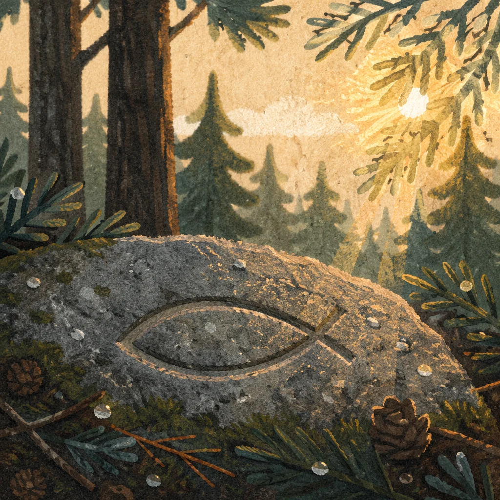 Carved Ichthys Stone in Evergreen Forest