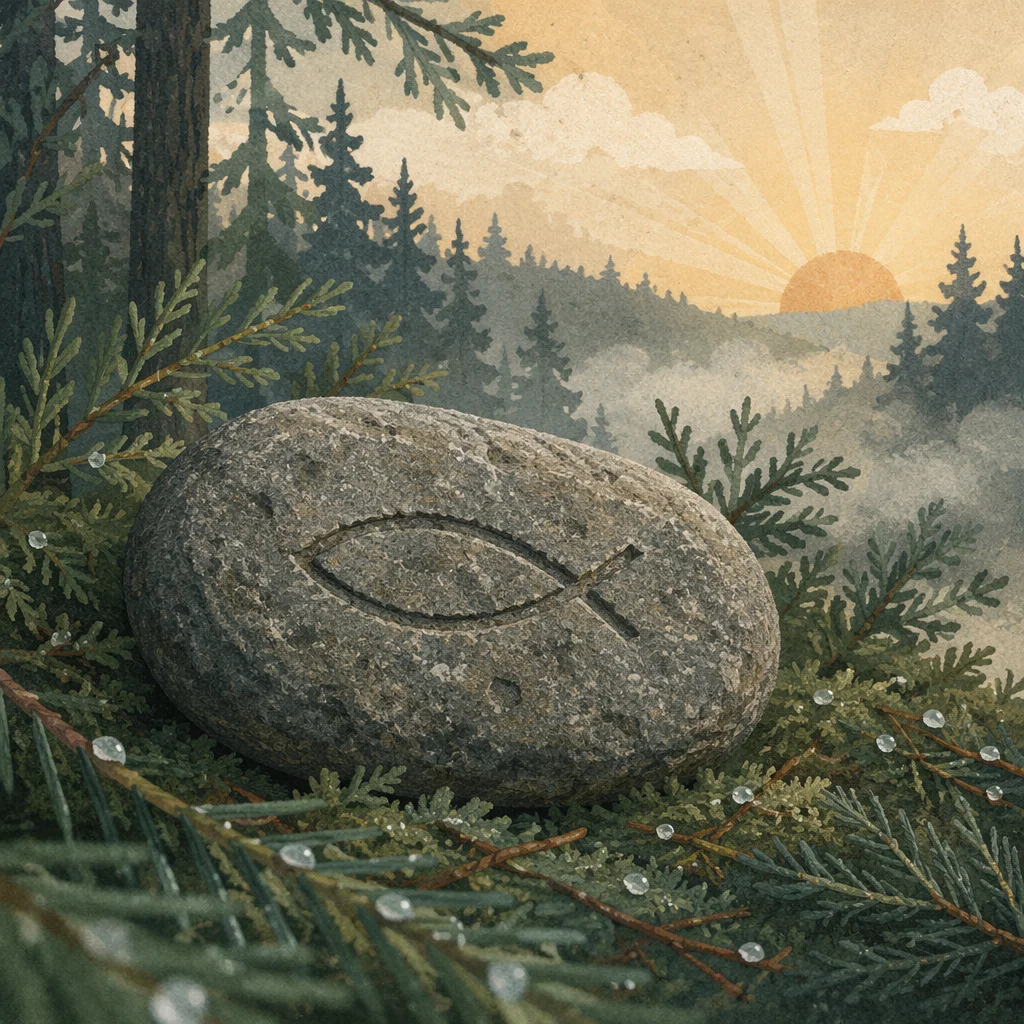 Carved Ichthys Stone on Evergreen Forest Floor