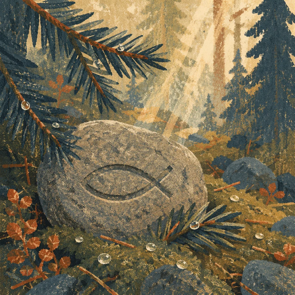 Ichthys Carved Stone Among Evergreen Pines