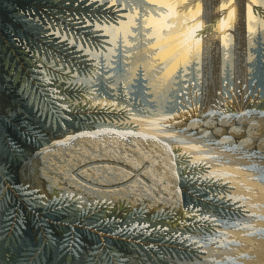 Carved Ichthys Stone Among Frosted Evergreens