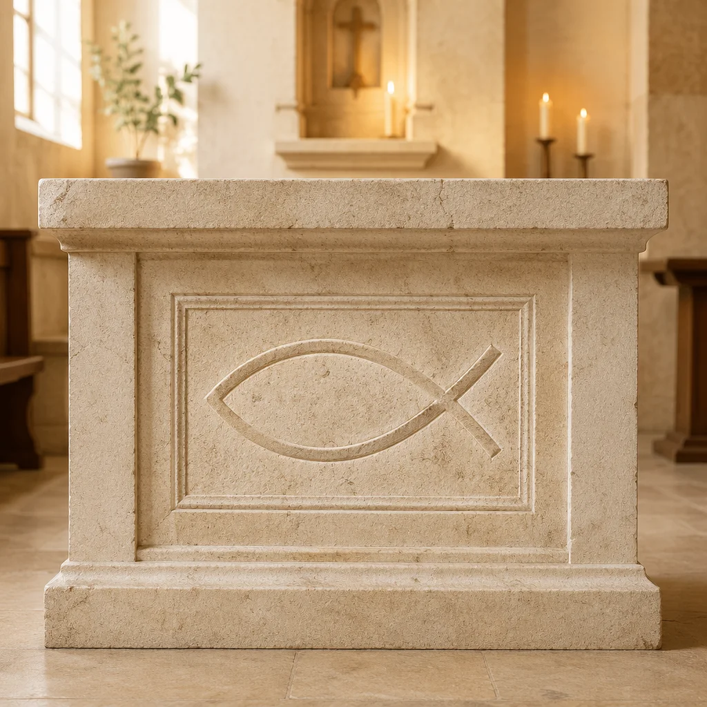 Ancient Ichthys Carving on Limestone Altar