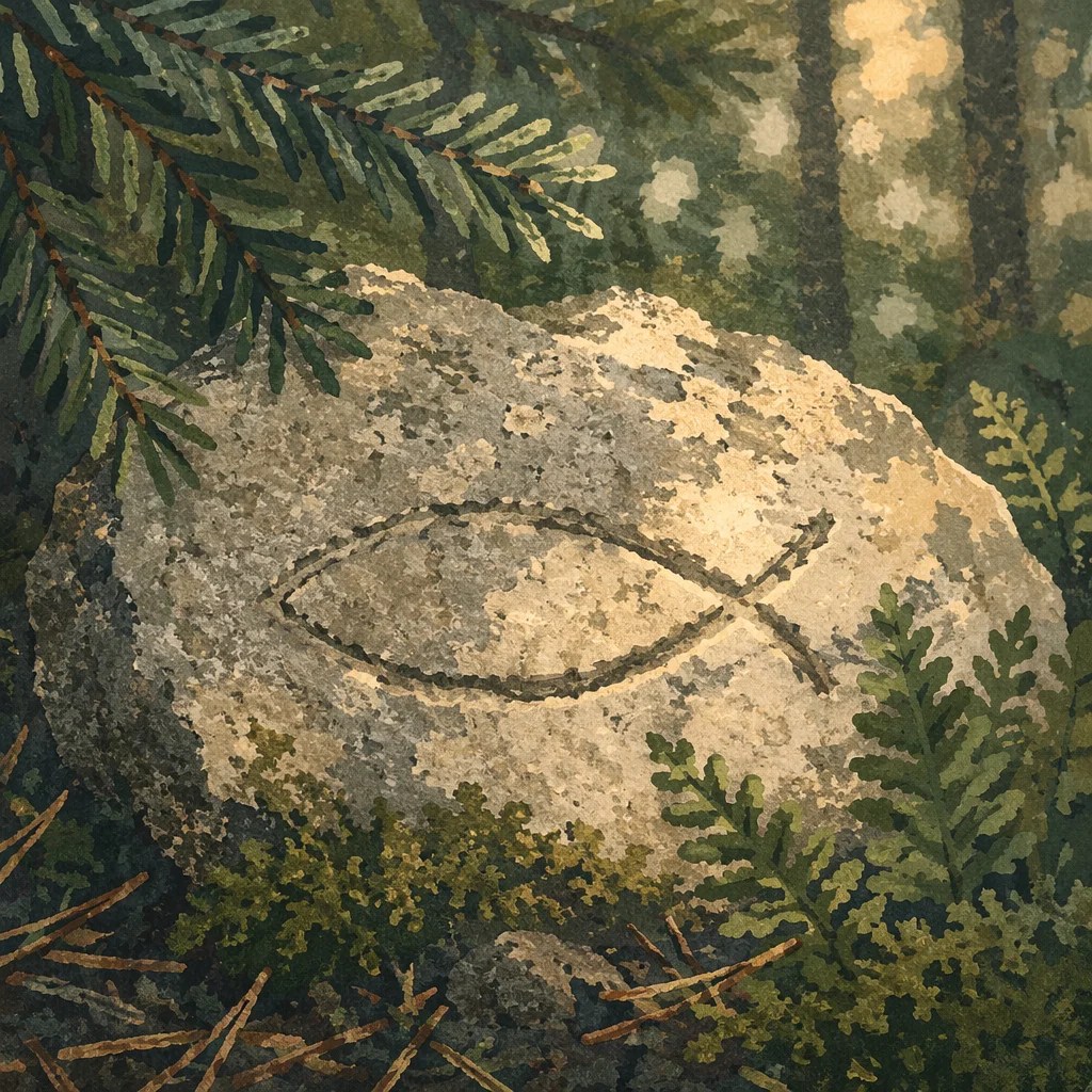 Ancient Ichthys Carving on Evergreen Forest Stone