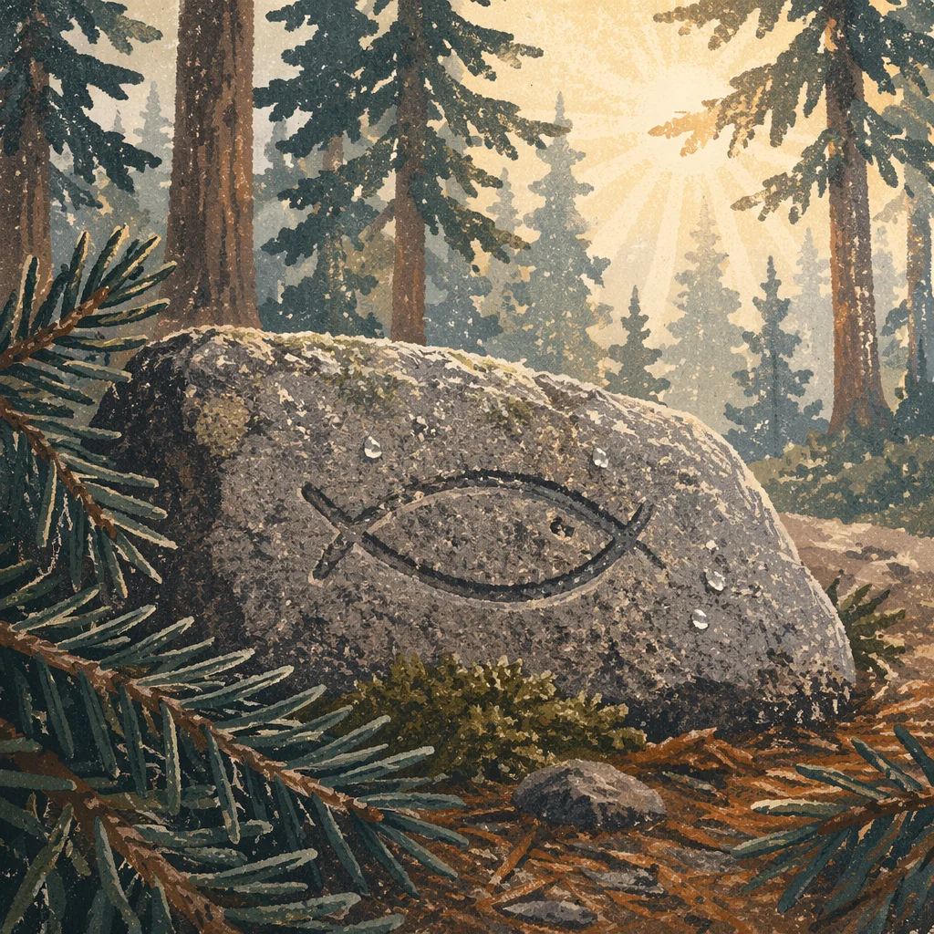 Ichthys Carved Stone Among Evergreen Branches