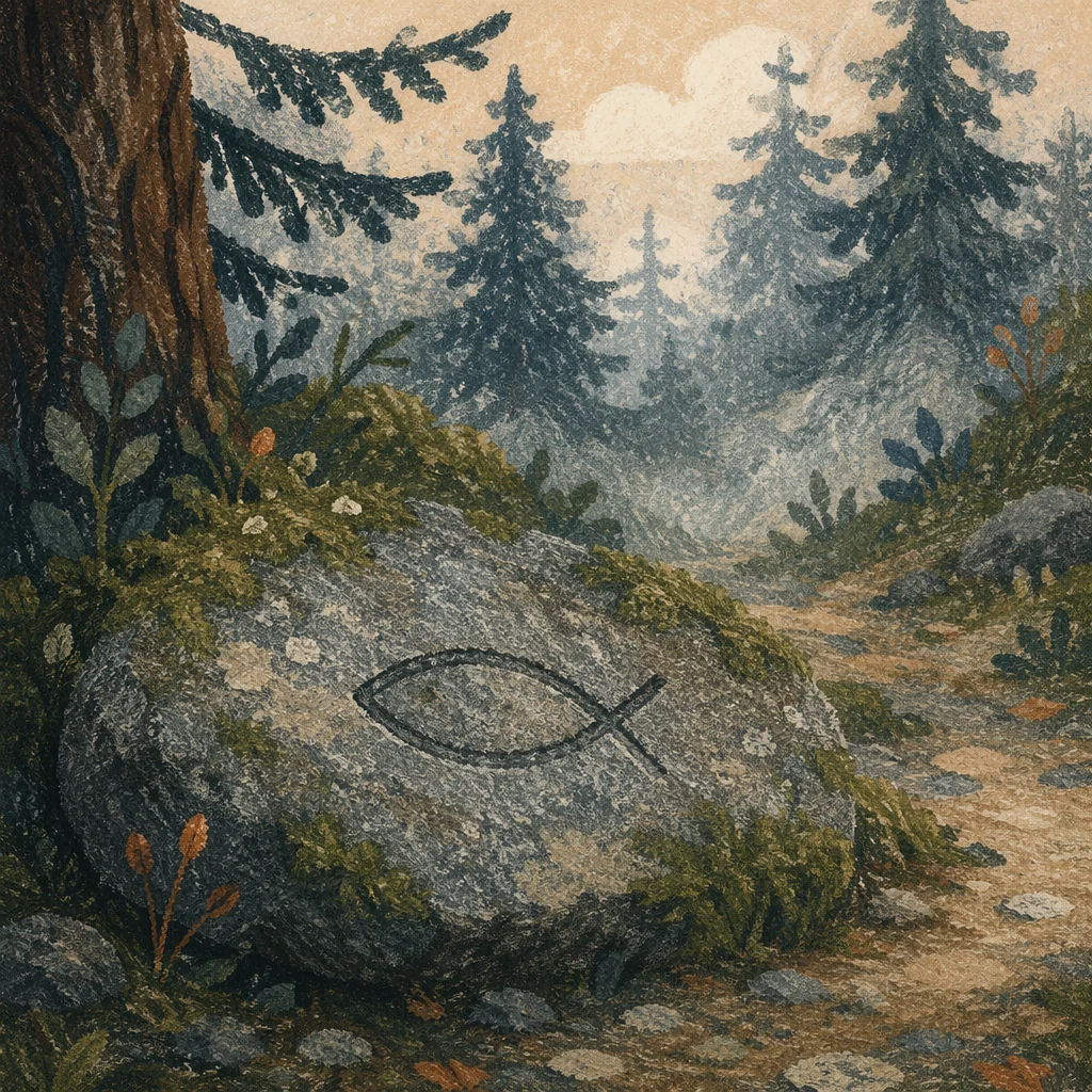 Carved Ichthys Stone on Evergreen Path