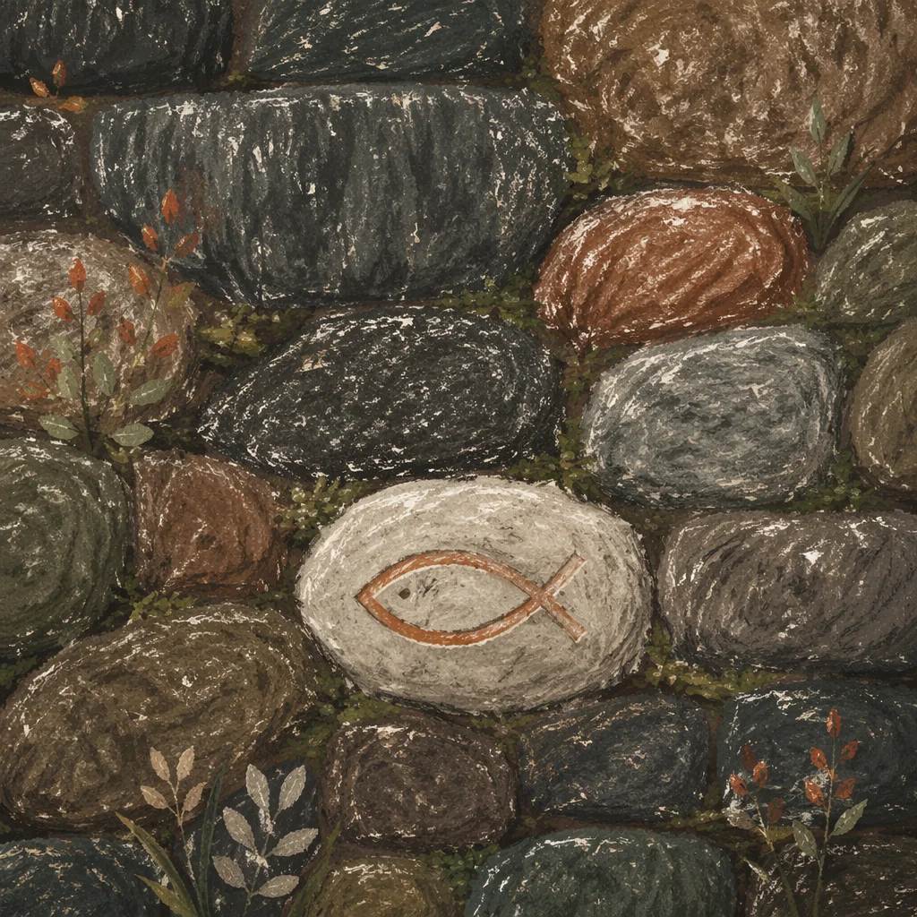 Carved Ichthys on Rainy Stone Wall
