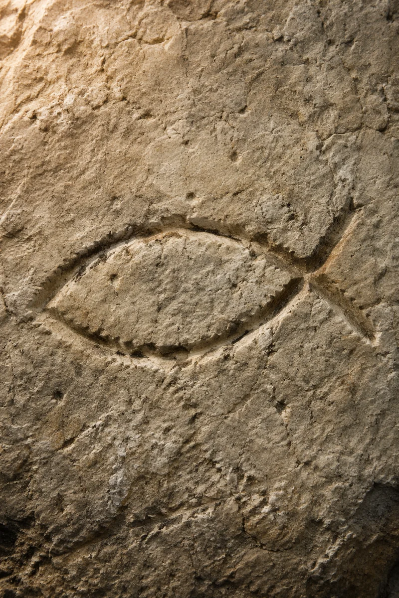 Ancient Ichthys Carving on Weathered Limestone