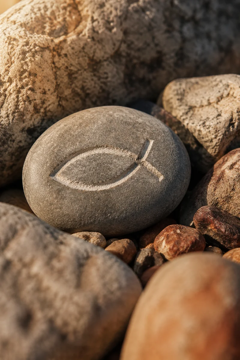 Carved Ichthys Stone in Warm Sunlight