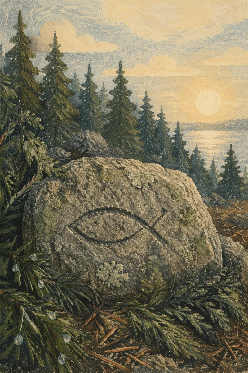 Ancient Ichthys Stone in Evergreen Forest