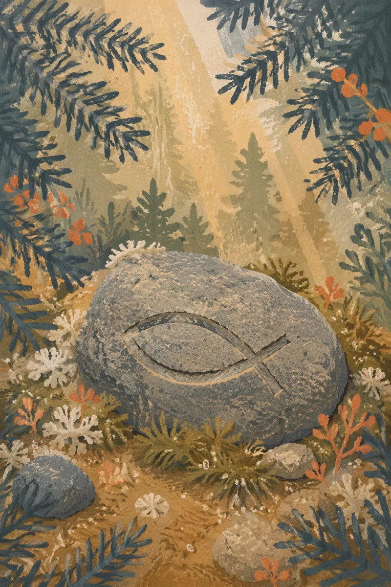 Carved Ichthys Stone Among Evergreen Needles