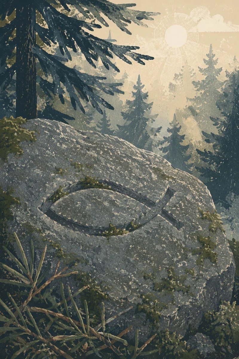 Ancient Ichthys Carving in Evergreen Mist