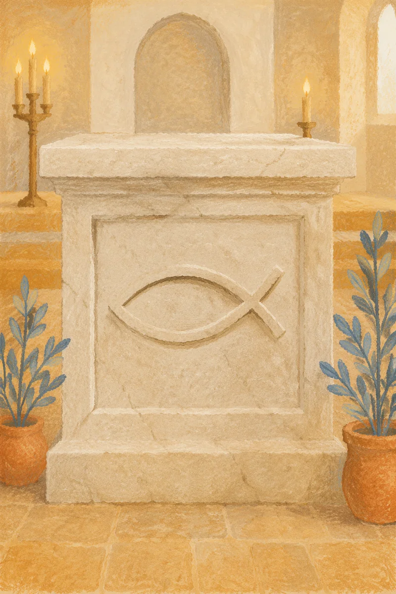 Ancient Ichthys Carving on Limestone Altar