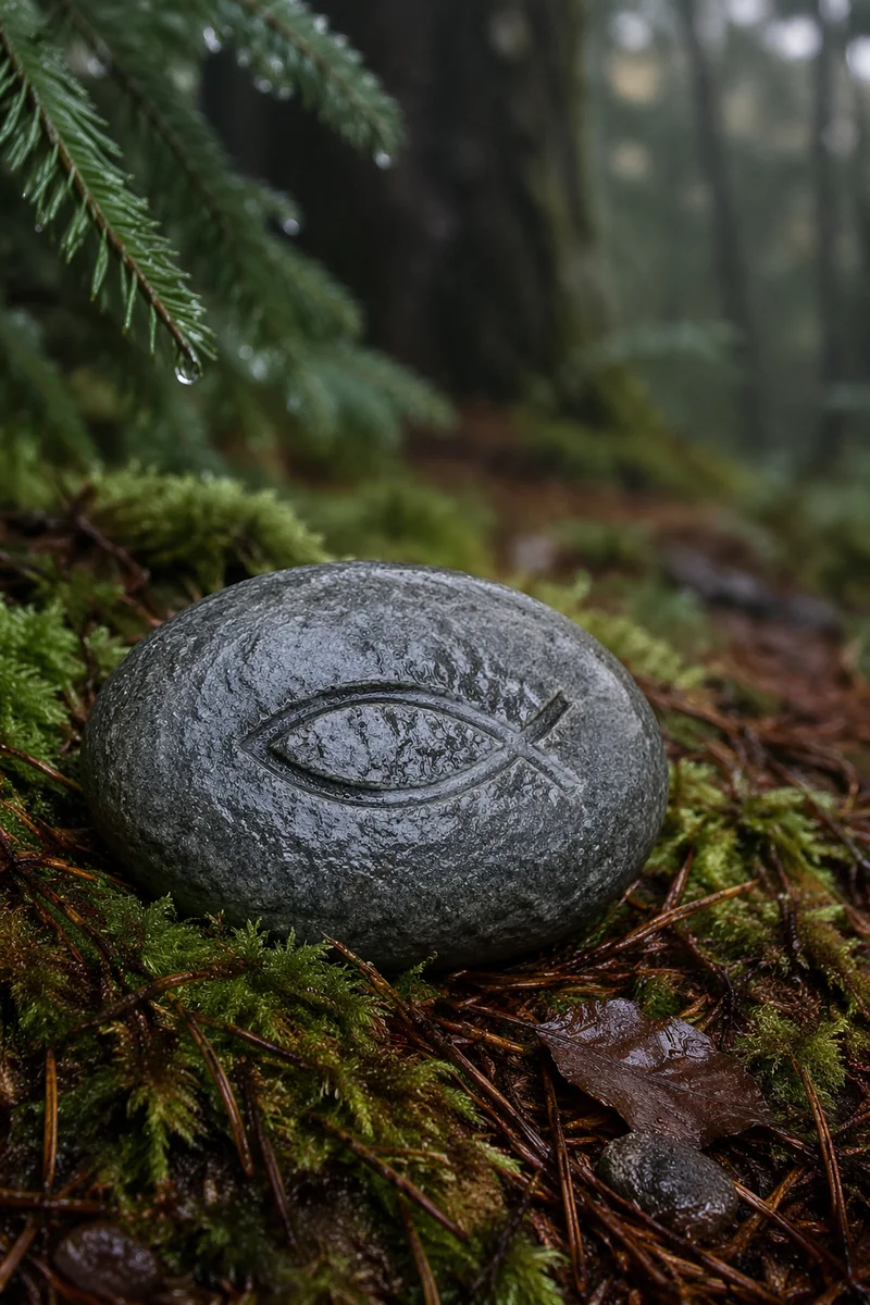 Ichthys Fish Symbol Carved in Forest Stone