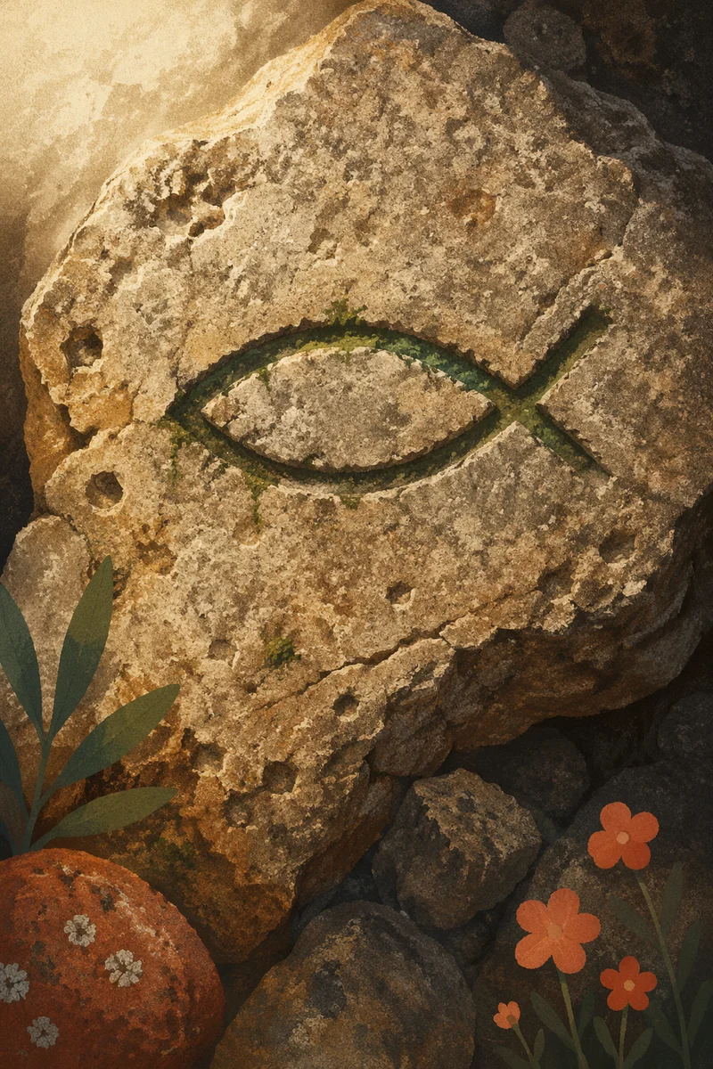 Ancient Ichthys Fish Symbol in Stone