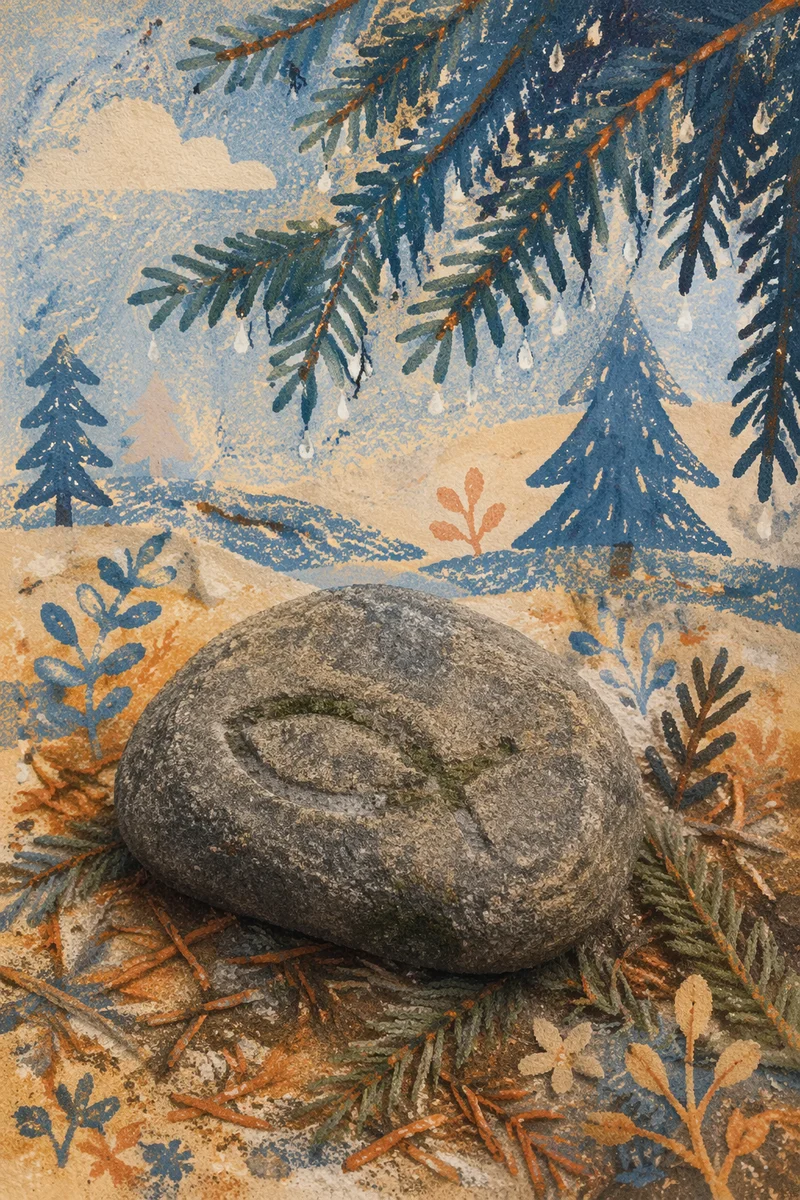 Carved Ichthys Stone Among Evergreen Needles