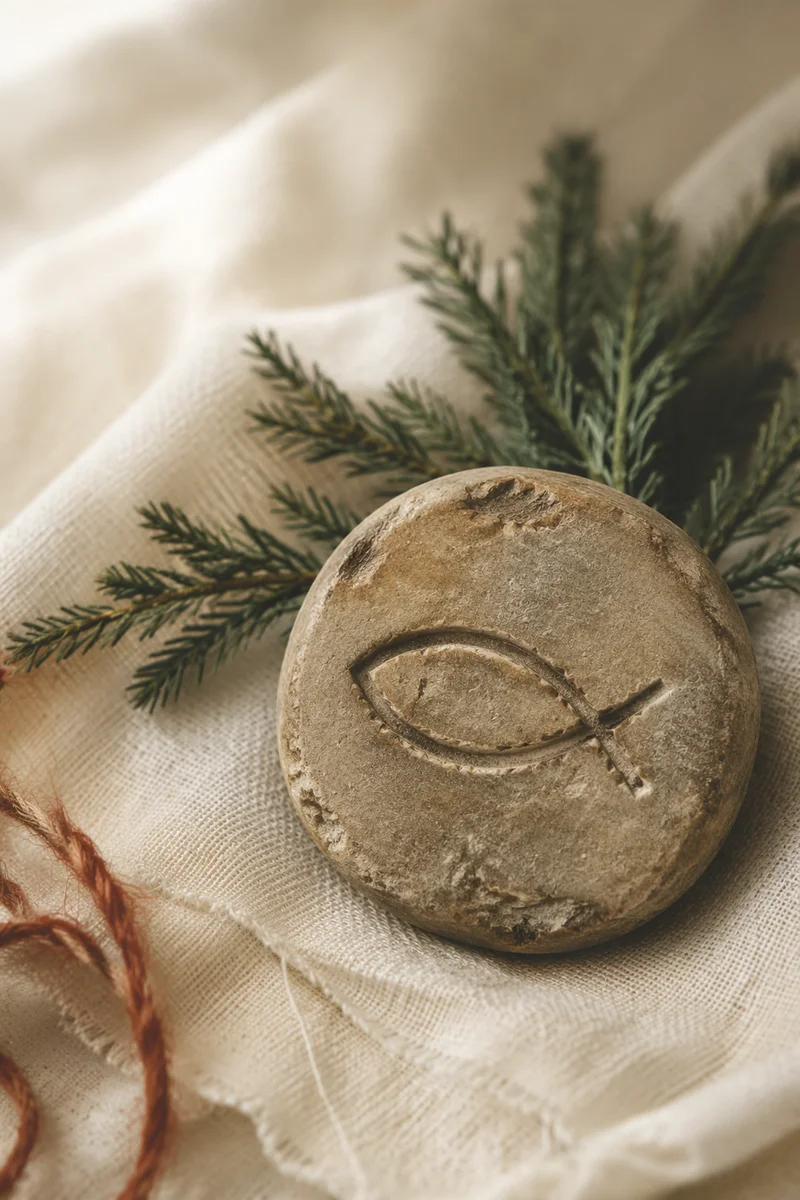Weathered Stone Ichthys with Evergreen Sprigs