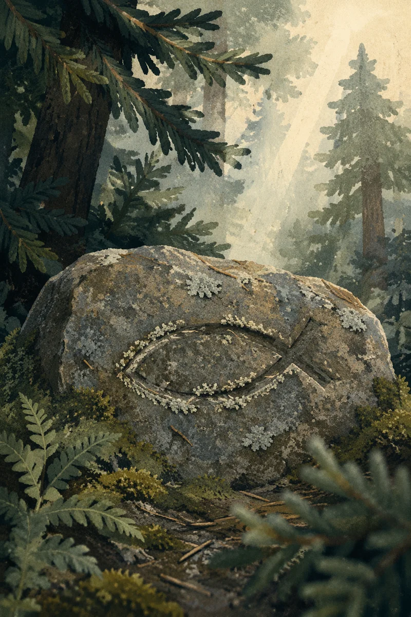 Carved Ichthys Stone in Evergreen Forest