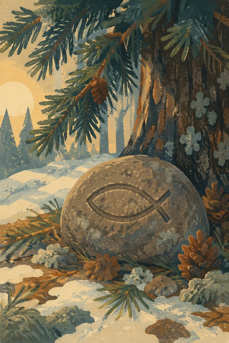 Carved Ichthys Stone Beneath Evergreen Branches