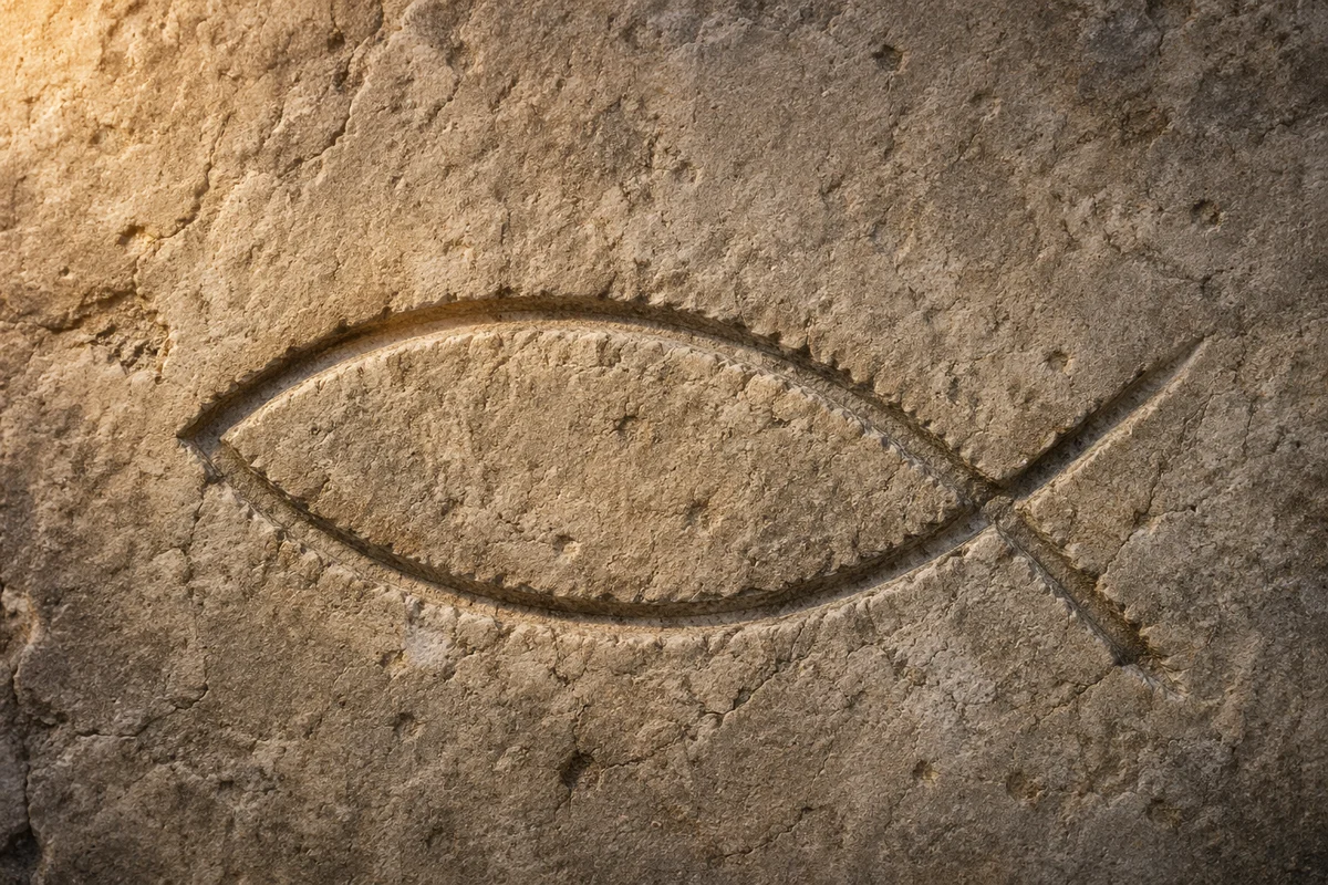 Ancient Ichthys Carving on Weathered Limestone