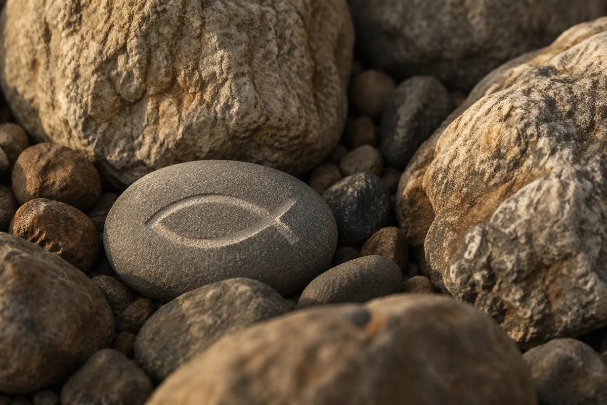 Carved Ichthys Stone in Warm Sunlight