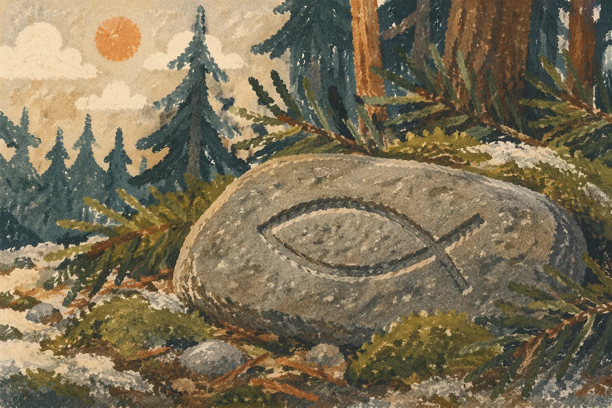 Ancient Ichthys Carving Among Evergreen Moss