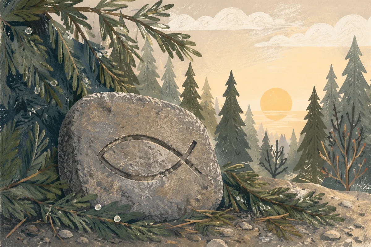 Ichthys Carved Stone in Evergreen Forest