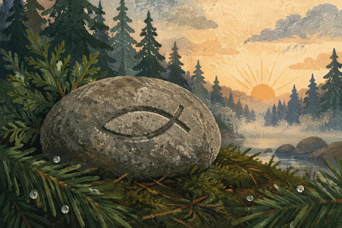Carved Ichthys Stone on Evergreen Forest Floor