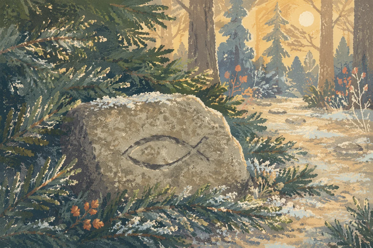 Carved Ichthys Stone Among Evergreen Frost