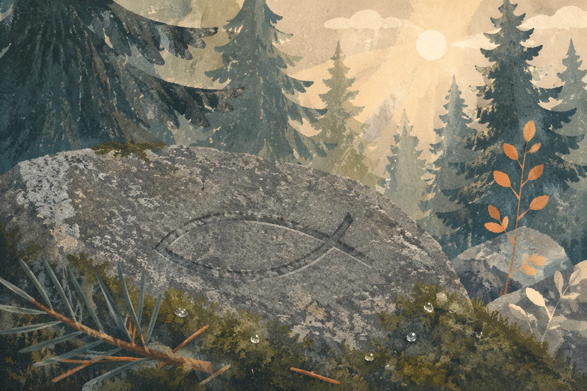 Ancient Ichthys Carving in Evergreen Mist