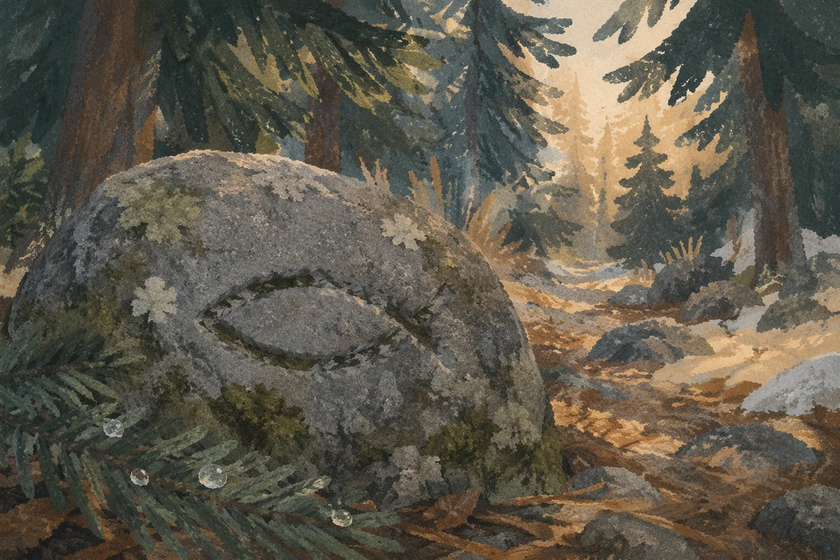 Ichthys Carving on Mossy Evergreen Stone