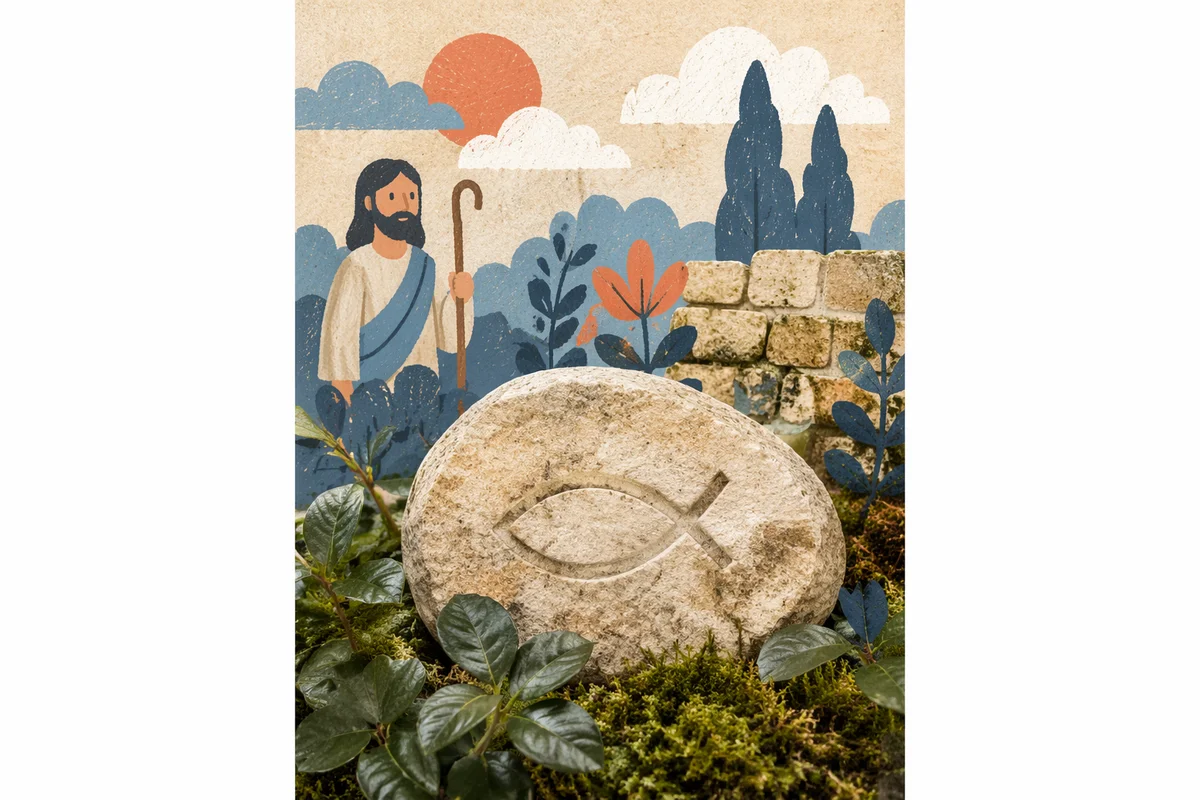 Carved Ichthys Stone Among Evergreen Leaves