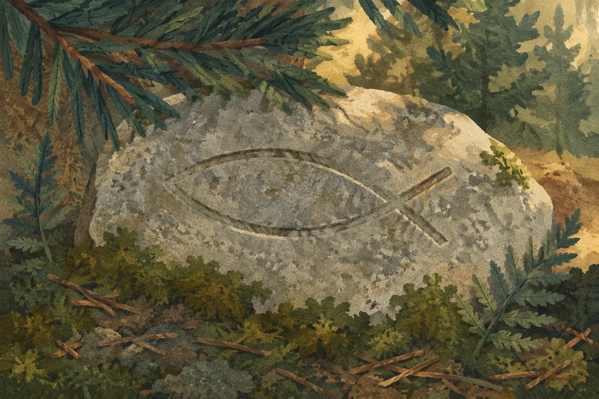 Ancient Ichthys Symbol on Evergreen Stone