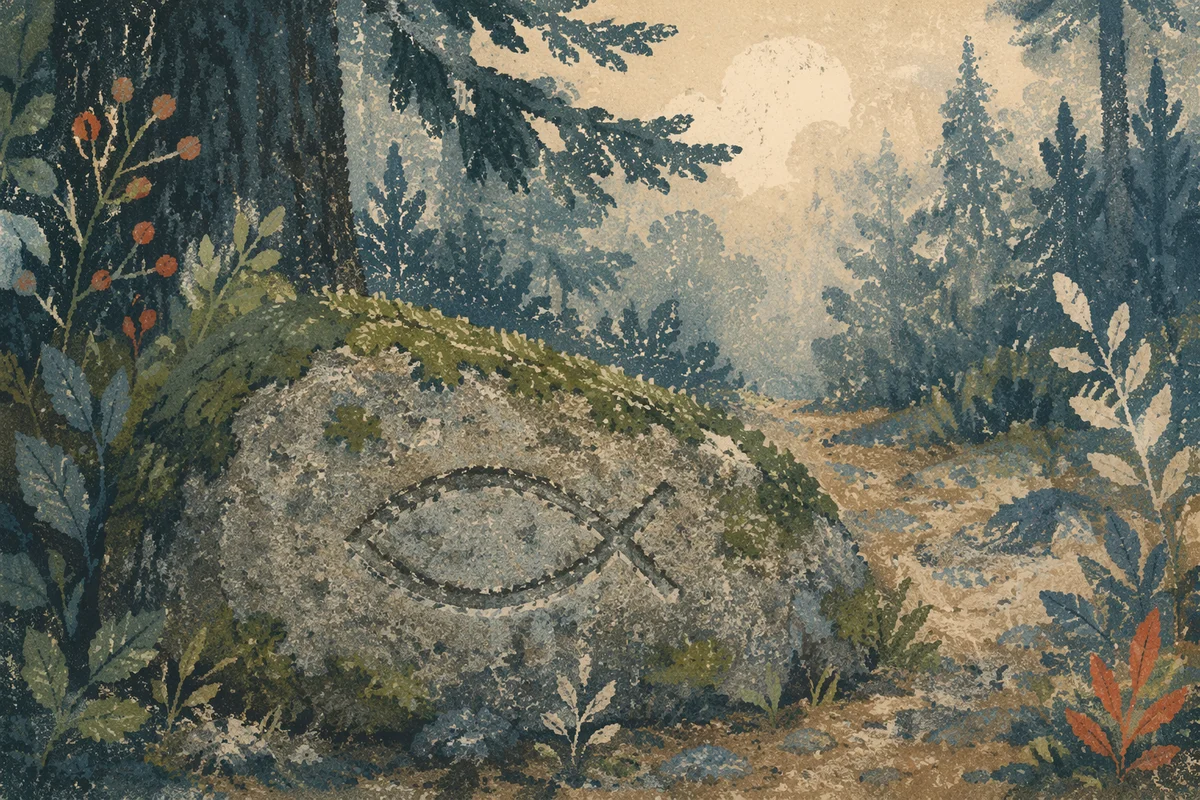 Ichthys Symbol Carved in Mossy Stone