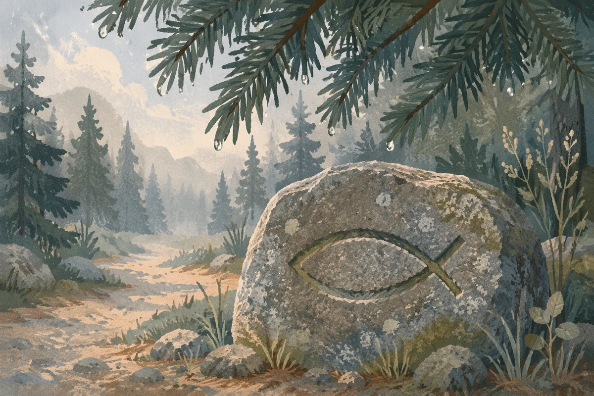 Ichthys Symbol Carved on Forest Stone