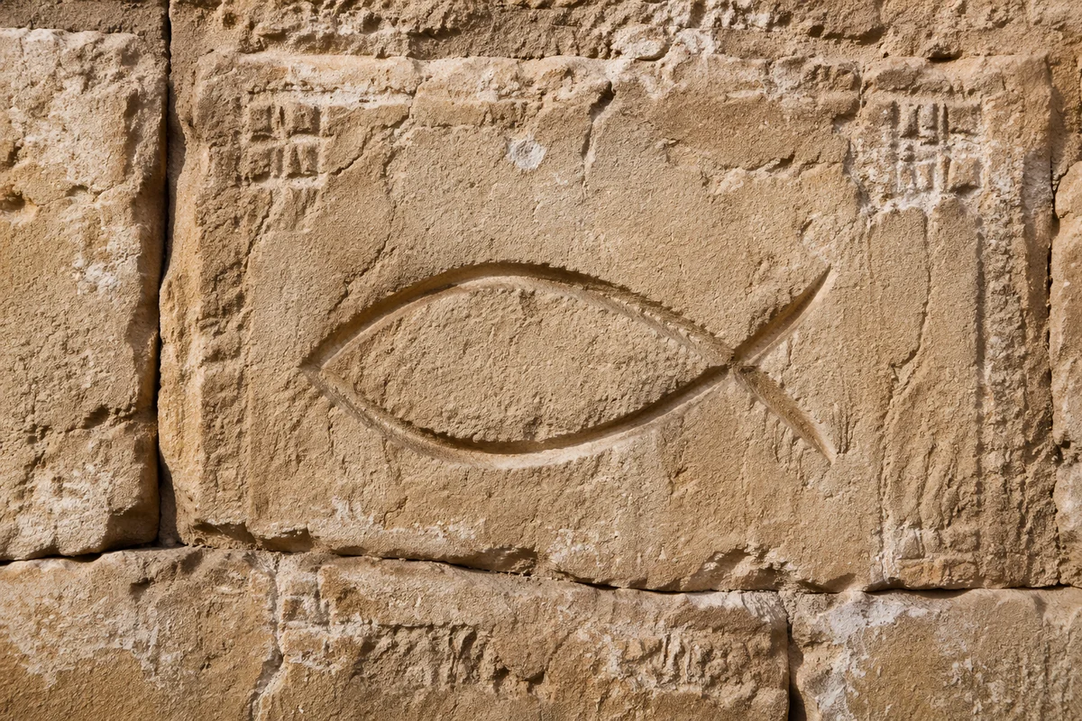 Ancient Ichthys Fish Symbol in Stone