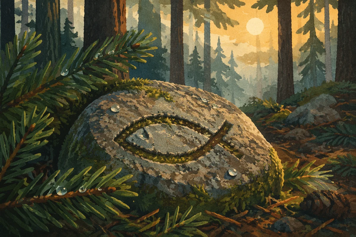 Carved Ichthys Stone Among Evergreen Branches