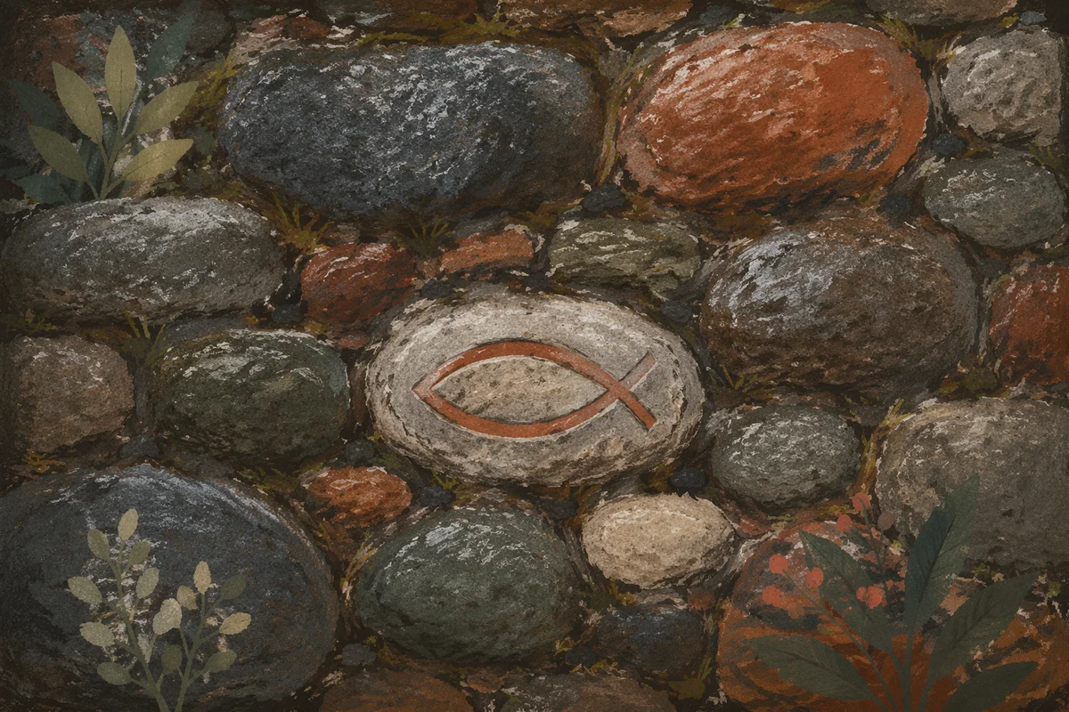 Carved Ichthys on Rain-Wet River Stone