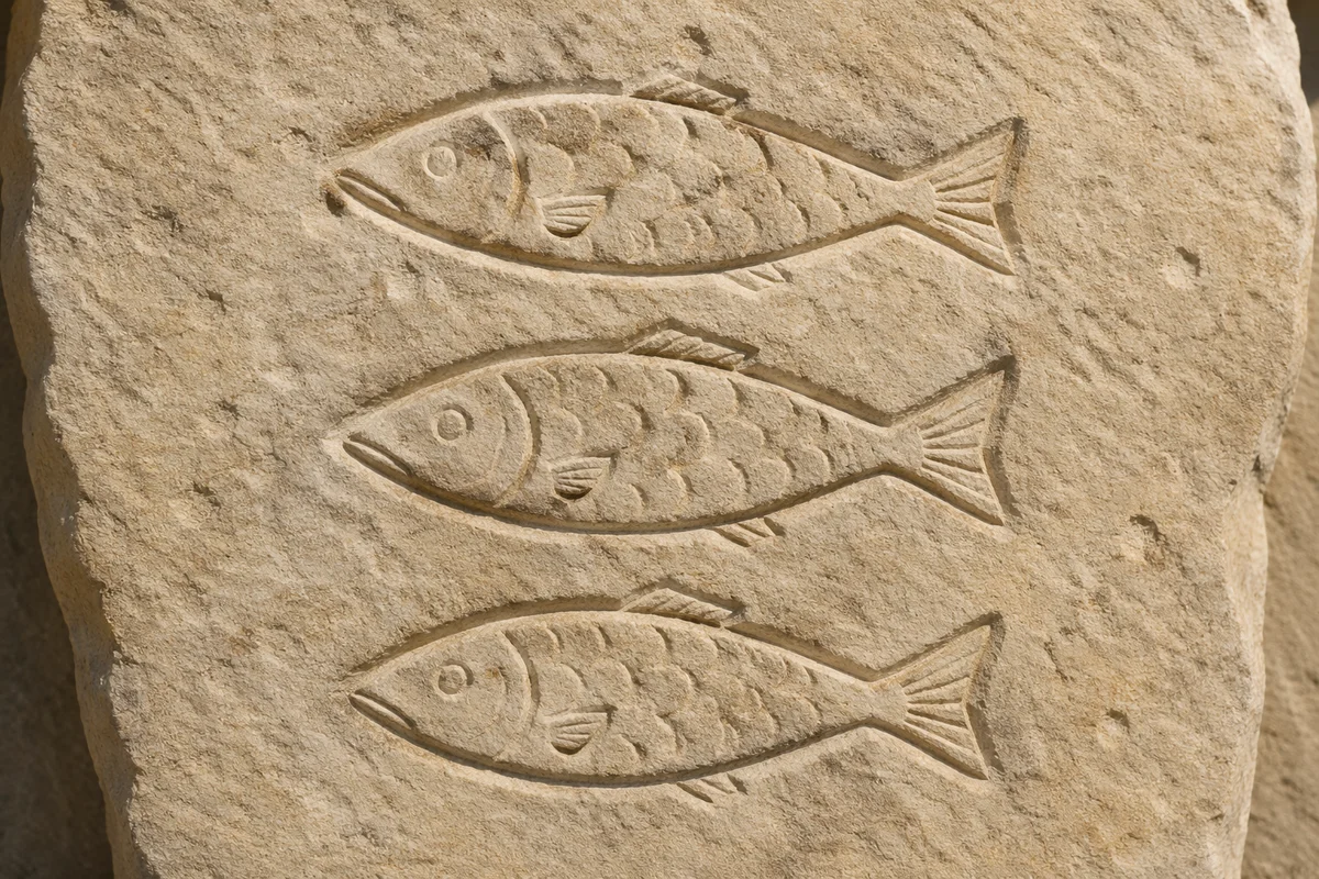 Ancient Ichthys Fish Carvings on Limestone
