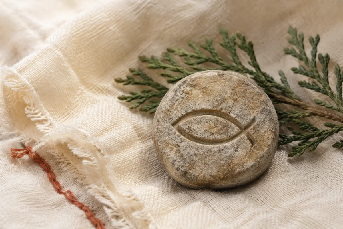 Carved Ichthys Stone with Evergreen Sprigs