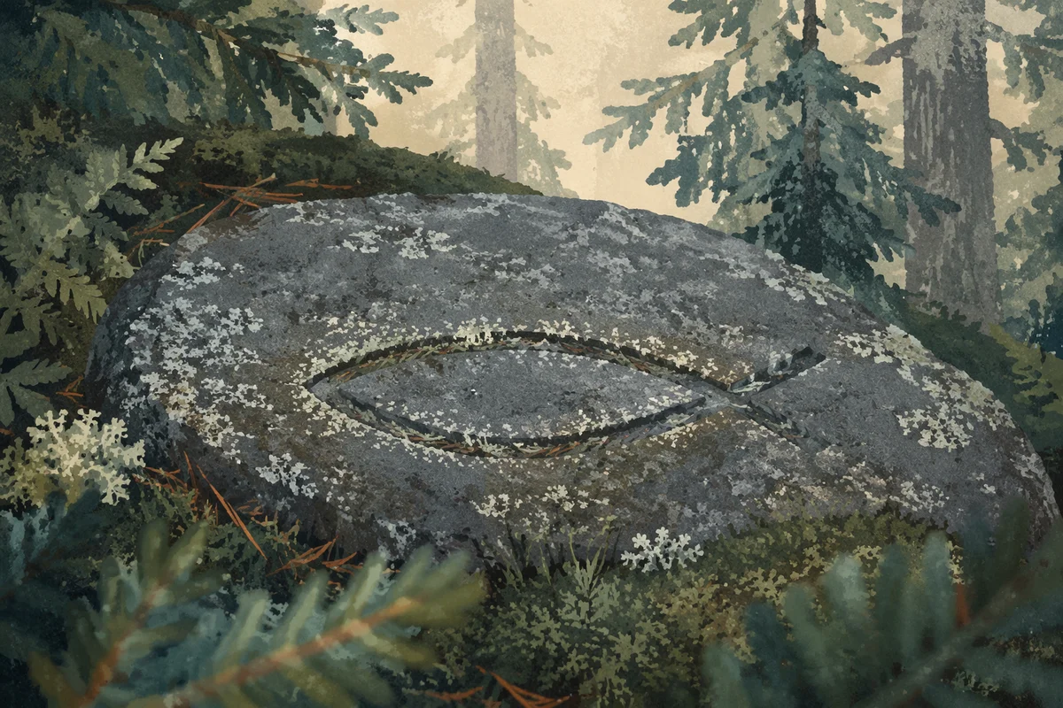 Carved Ichthys Stone in Evergreen Forest