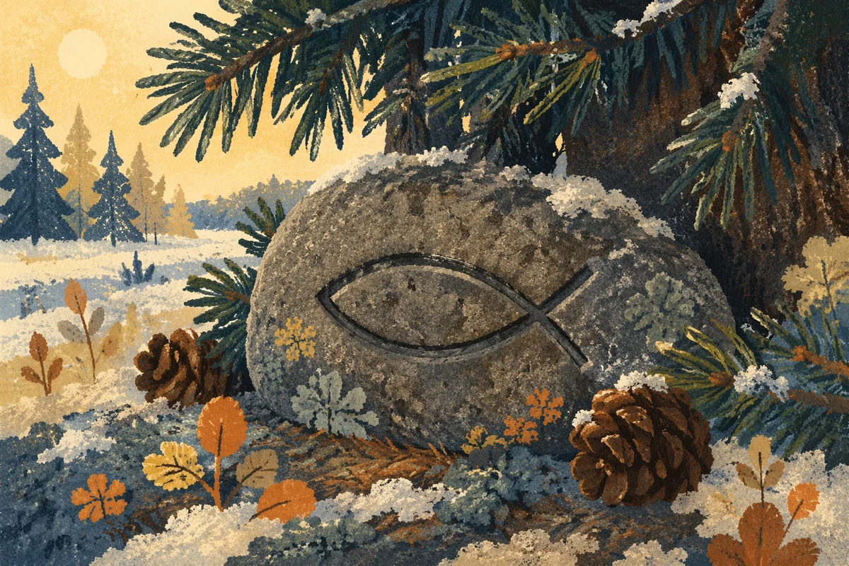 Carved Ichthys Stone Beneath Evergreen Branches