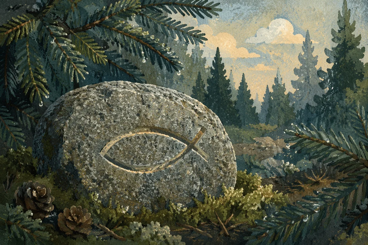 Ichthys Carved Stone Among Evergreen Branches