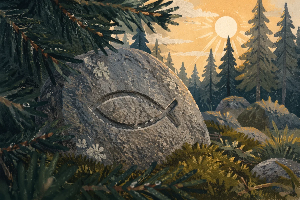 Ichthys Fish Symbol Carved in Woodland Stone