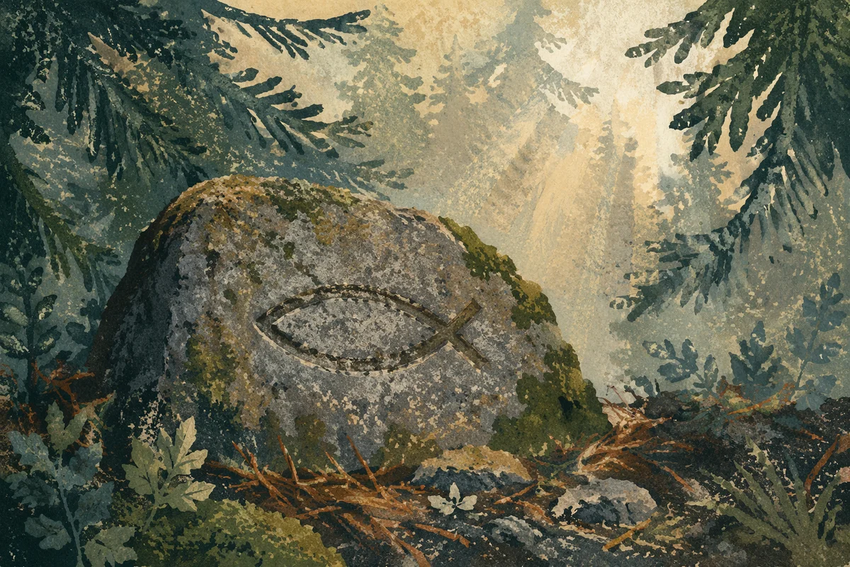 Ancient Ichthys Stone in Evergreen Forest